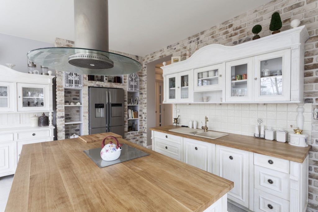 A white-and-wood kitchen